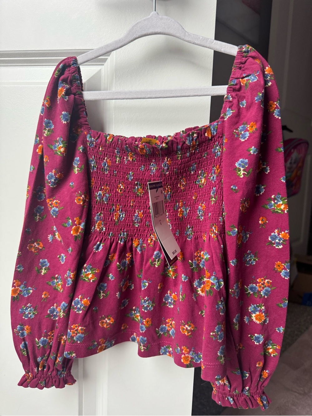 Polo by Ralph Lauren Berry Pink Floral Smocked Peasant Blouse